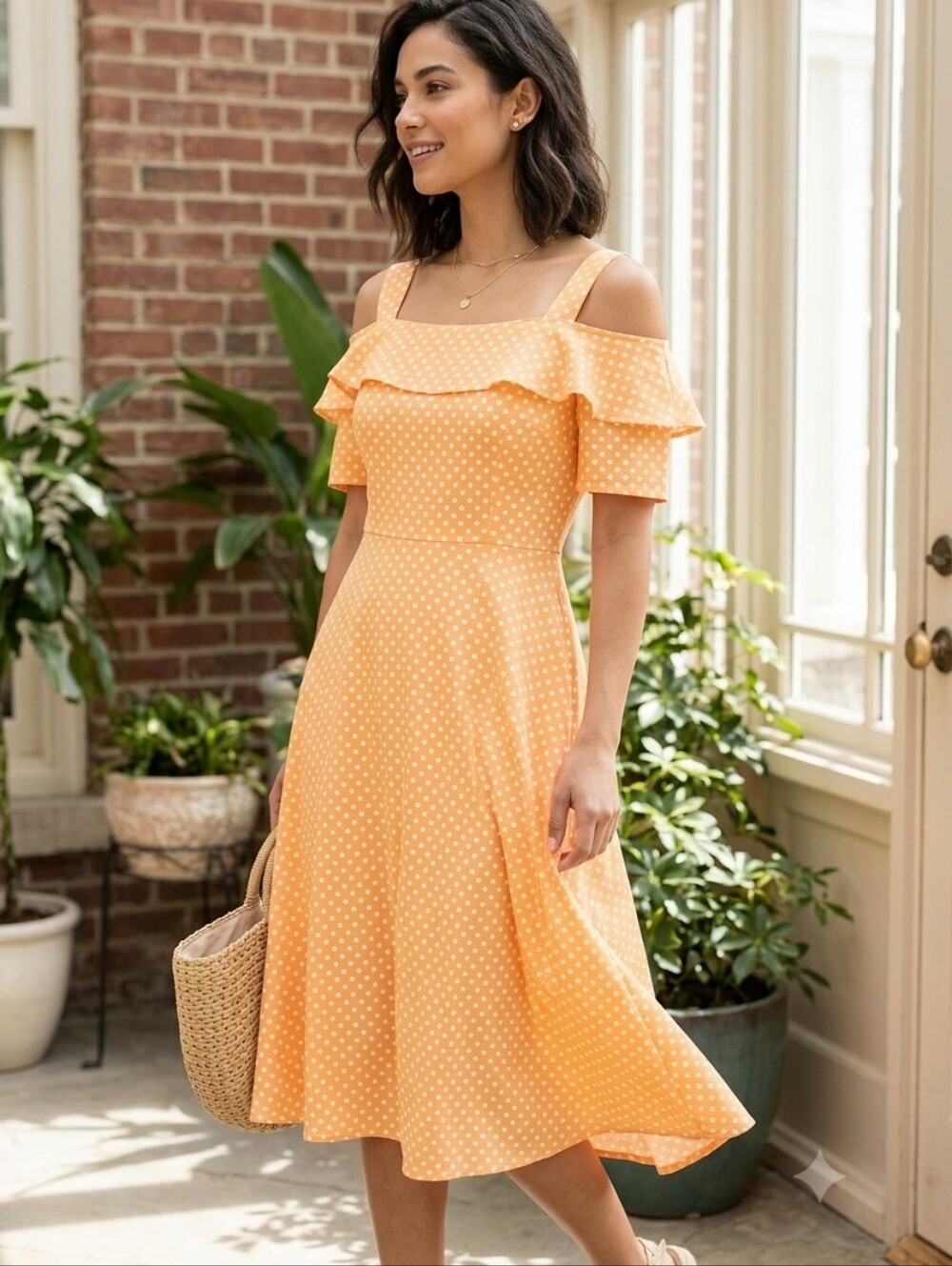Sunshine Polka Dot Off-Shoulder Midi Dress - Worn 1x To A Tea Party